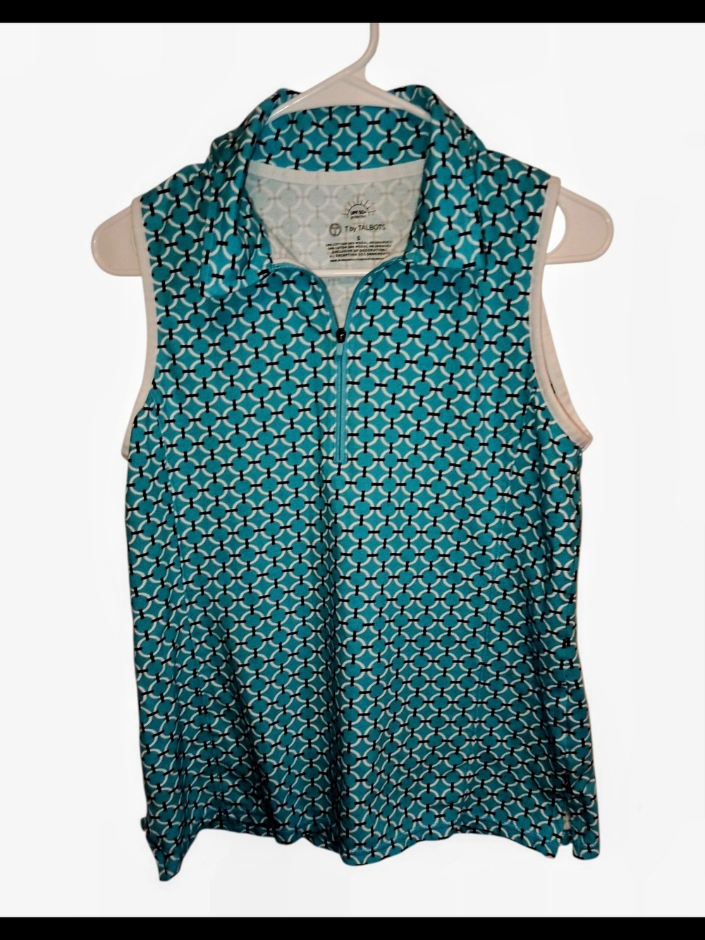 Talbots Teal and White Geometric Sleeveless Zip Polo Tank. UPF 50+ Sun Protectio